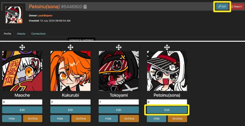 キャラクターページの「Edit」をクリック